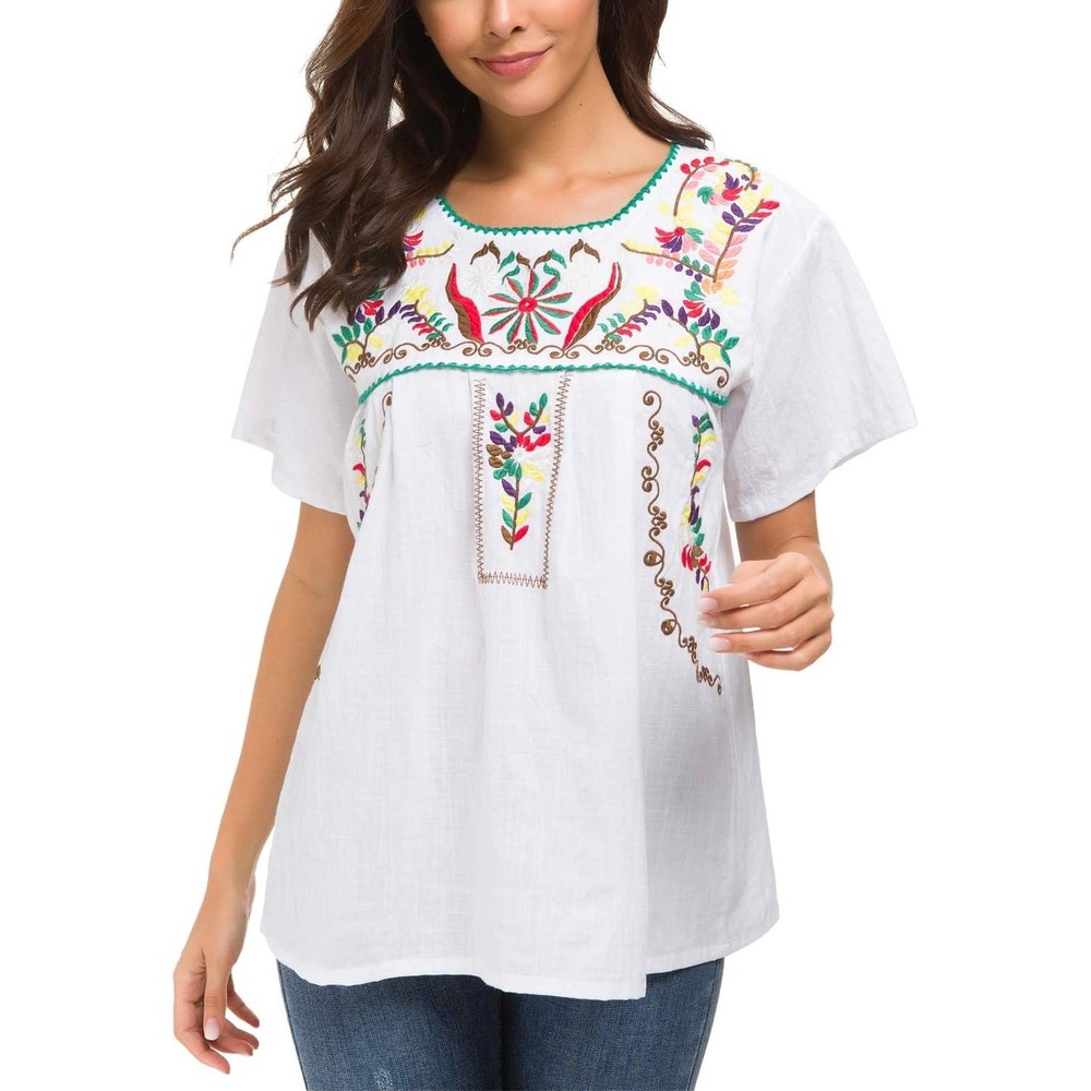 (B6) YZXDORWJ Mexican Embroidered Blouse White Floral Peasant Top XL